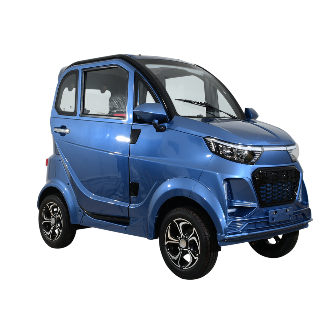 The Green Transporter Q Express Fully Enclosed Scooter is a compact, blue, four-wheeled electric vehicle with black accents, silver alloy wheels, a fully enclosed cabin, and a powerful 60V 1200W motor, shown on a white background.
